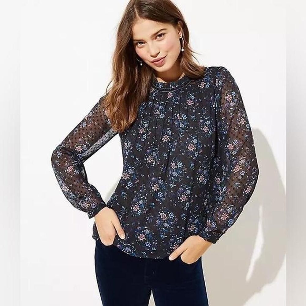 LOFT velvet trim black floral blouse with sheer sleeves and ruffle neckline. XS